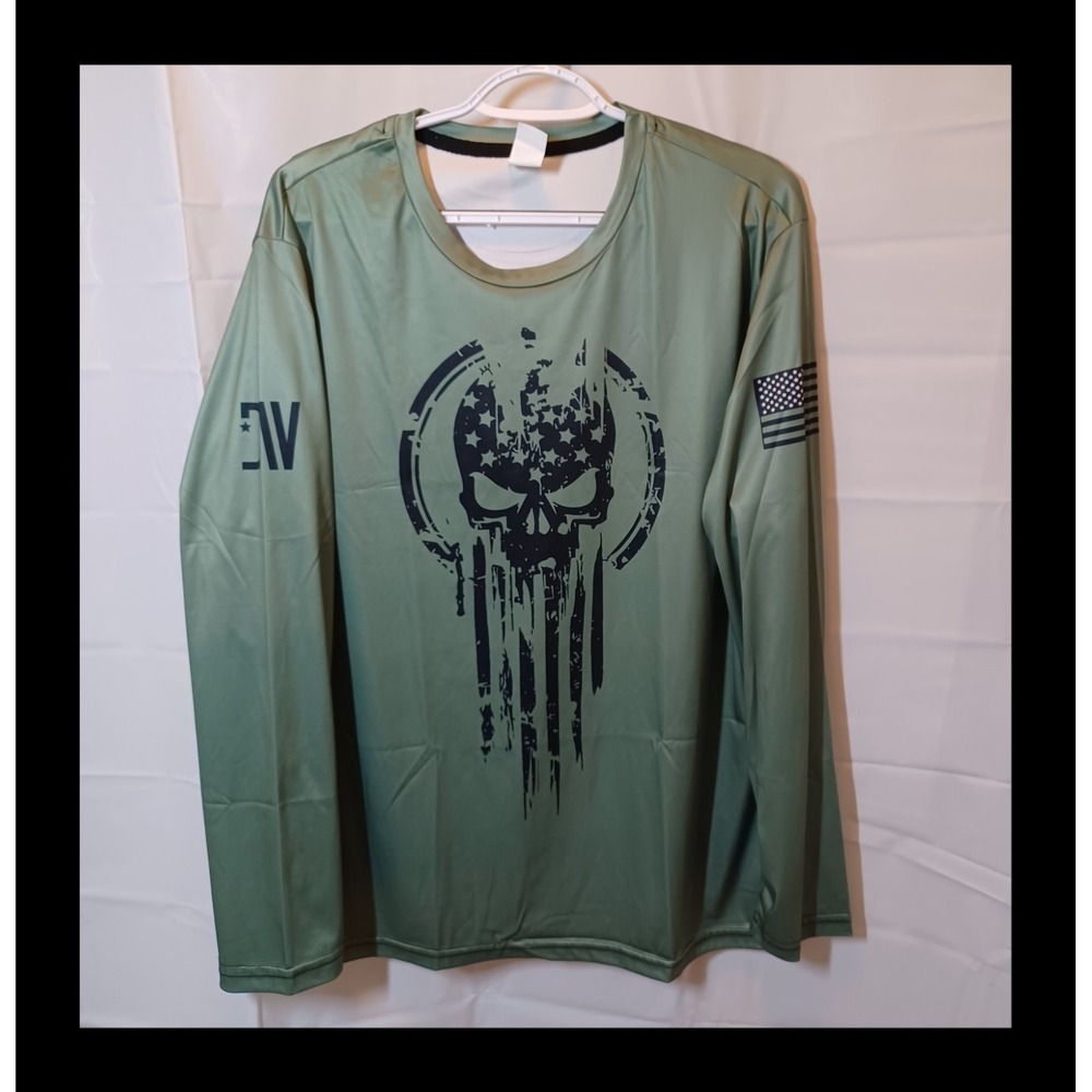 American Warrior Flag Skull Military USA Patriotic Long Sleeve T-Shirt Size M